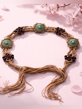 1pc Women's Bohemian Style Woven Wooden Bead Elegant Knotted Waist Belt